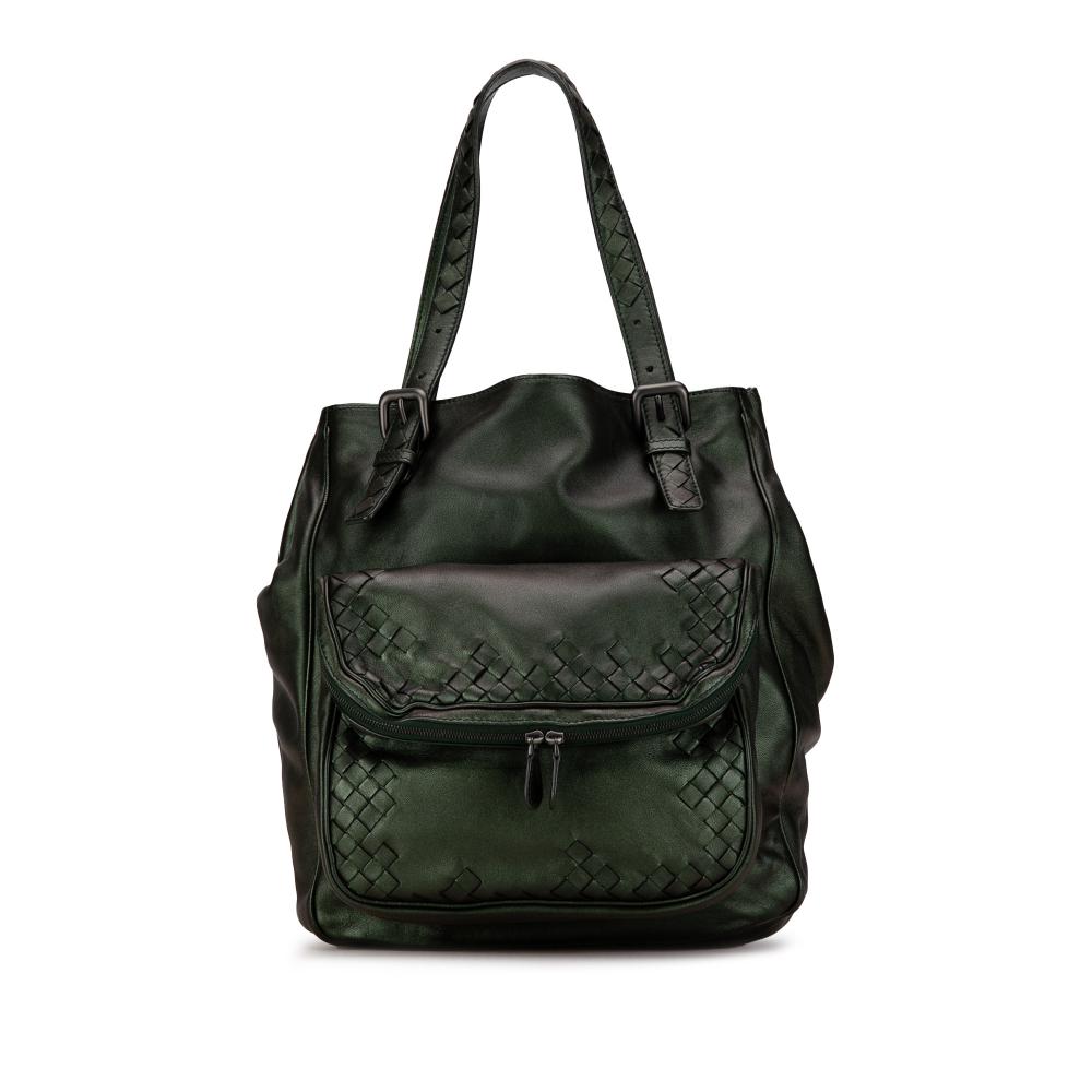 Bottega Veneta B Bottega Veneta Green Dark Green Calf Leather Intrecciato Iridescent Scarabee Tote Italy