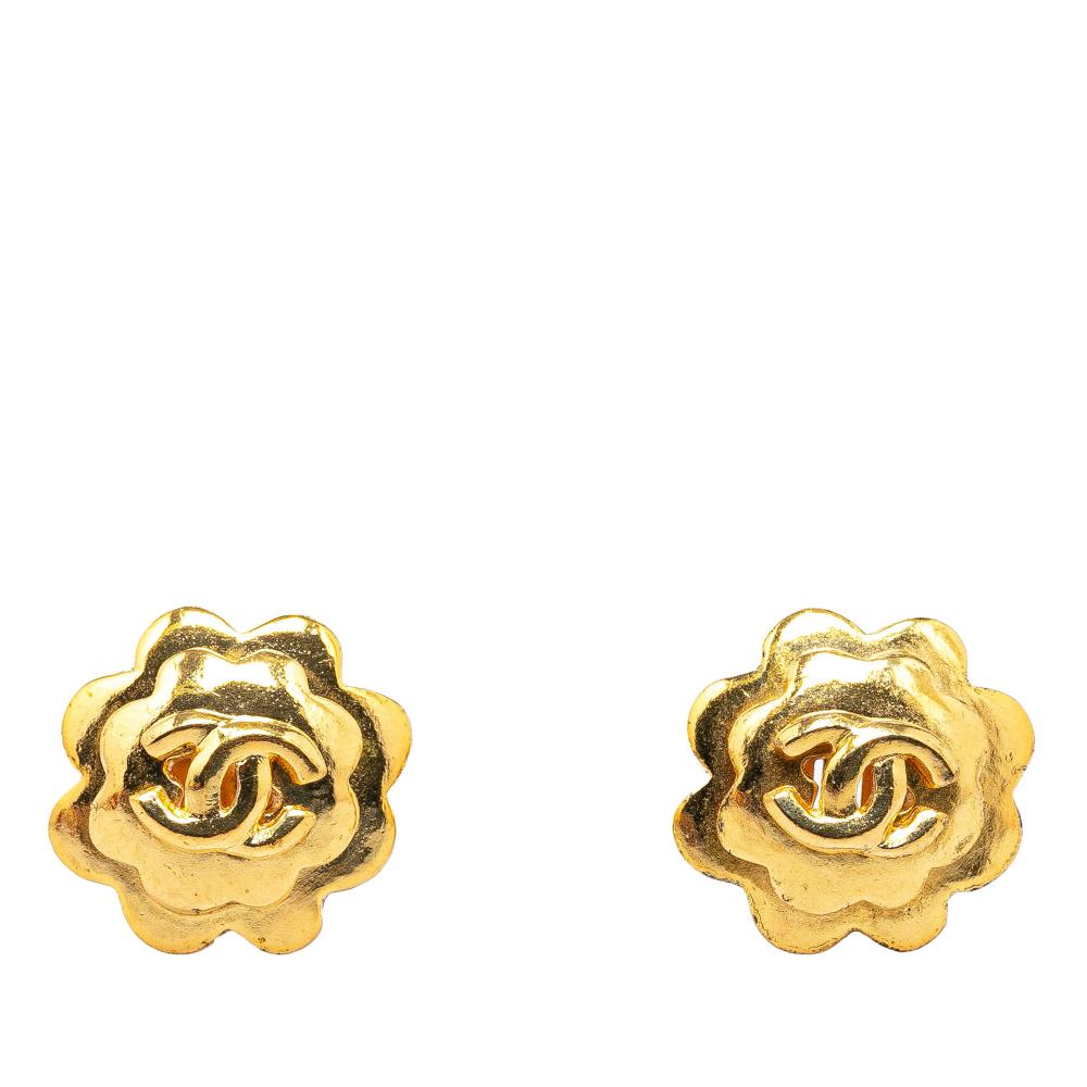 Chanel B Chanel Gold Gold Plated Metal CC Flower Clip On Earrings France