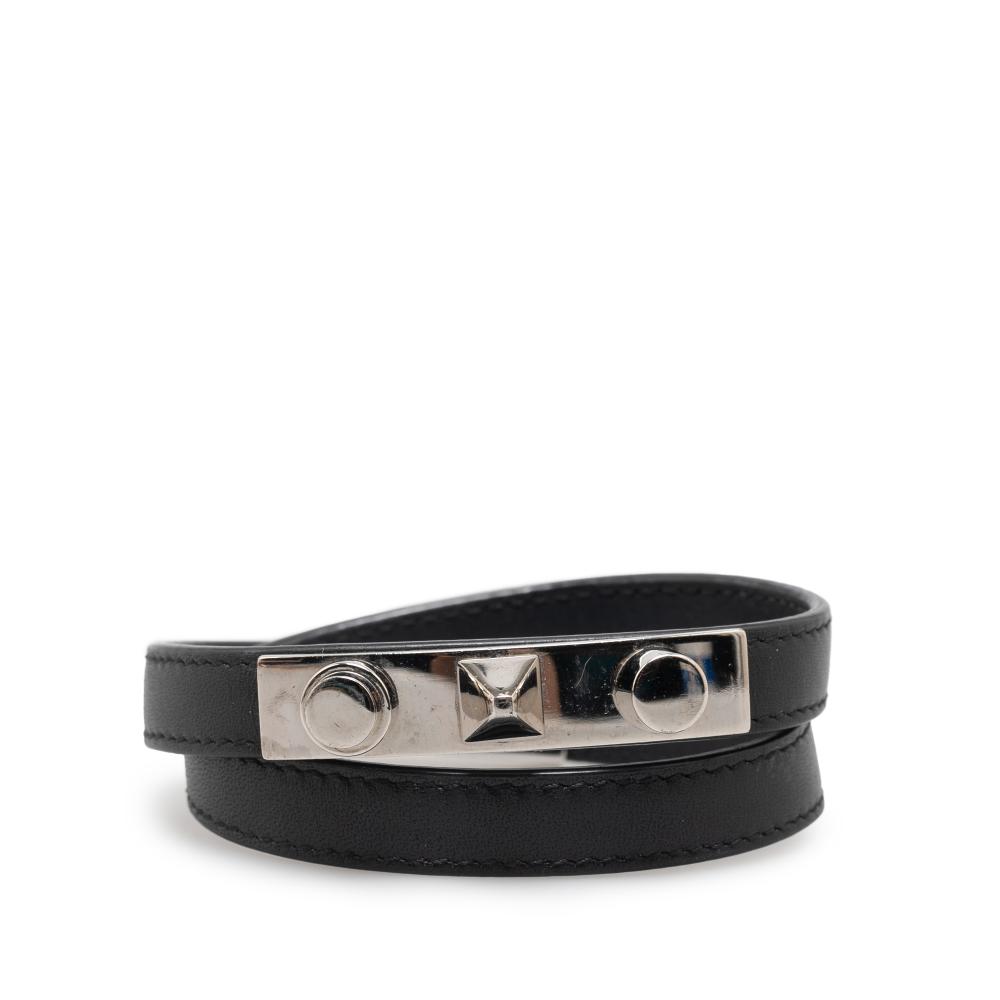 Saint Laurent B Saint Laurent Black with Silver Calf Leather Le Trois Clous Double Wrap Bracelet Italy