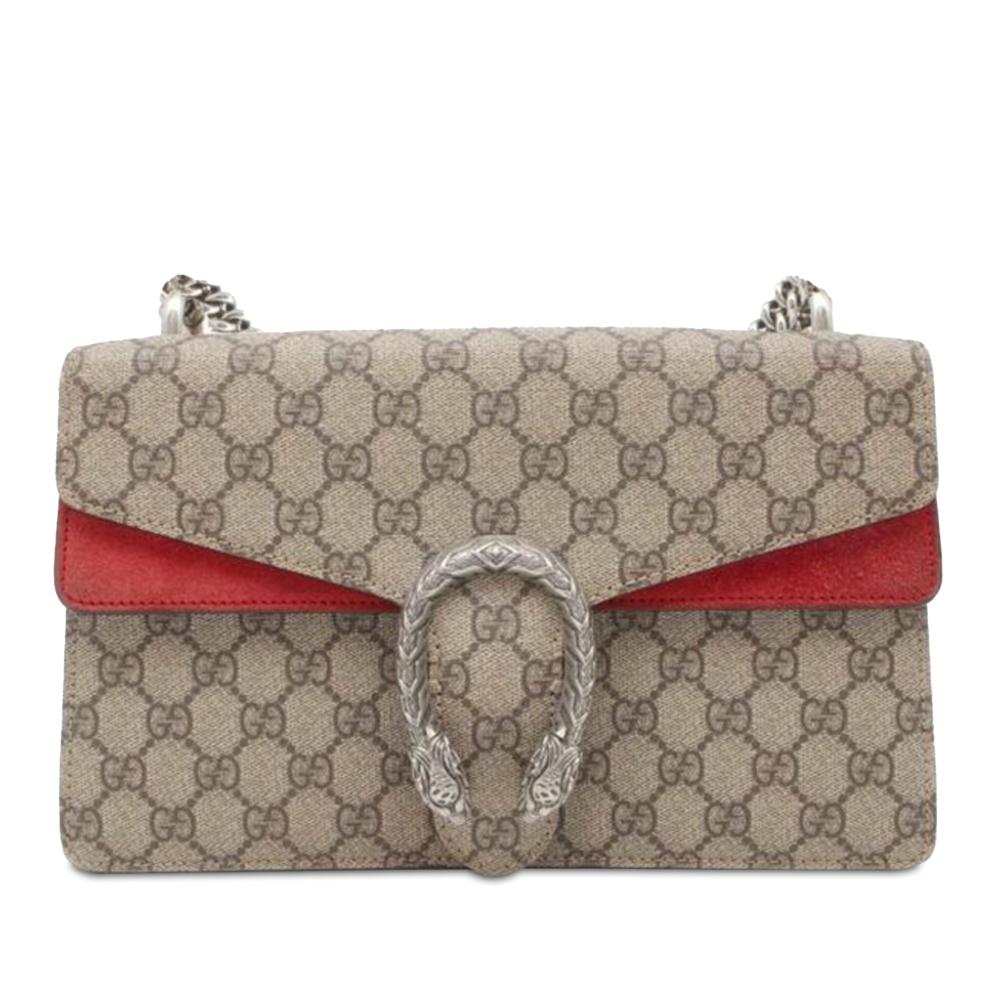 Gucci B Gucci Brown Beige with Red Coated Canvas Fabric Small GG Supreme Dionysus Shoulder Bag Italy