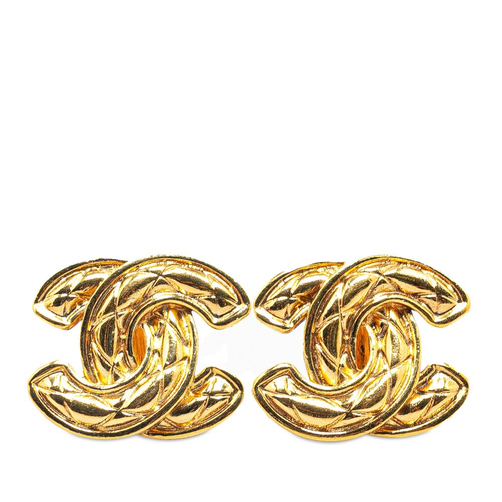 Chanel B Chanel Gold Gold Plated Metal CC Quilted Clip On Earrings France