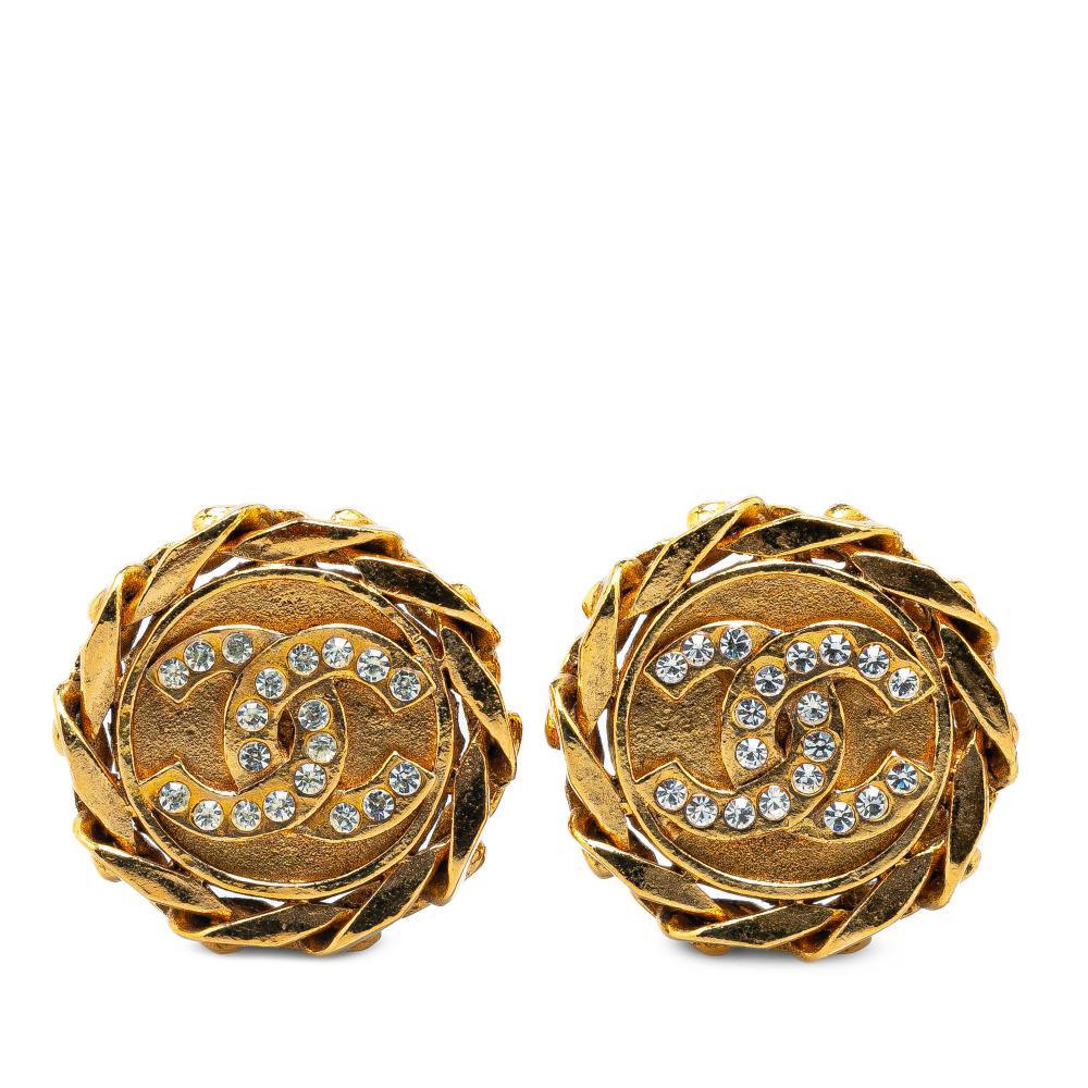 Chanel AB Chanel Gold Gold Plated Metal CC Crystal Clip On Earrings France