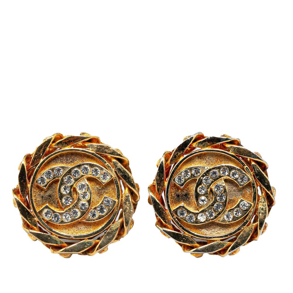 Chanel B Chanel Gold Gold Plated Metal CC Rhinestones Clip on Earrings France