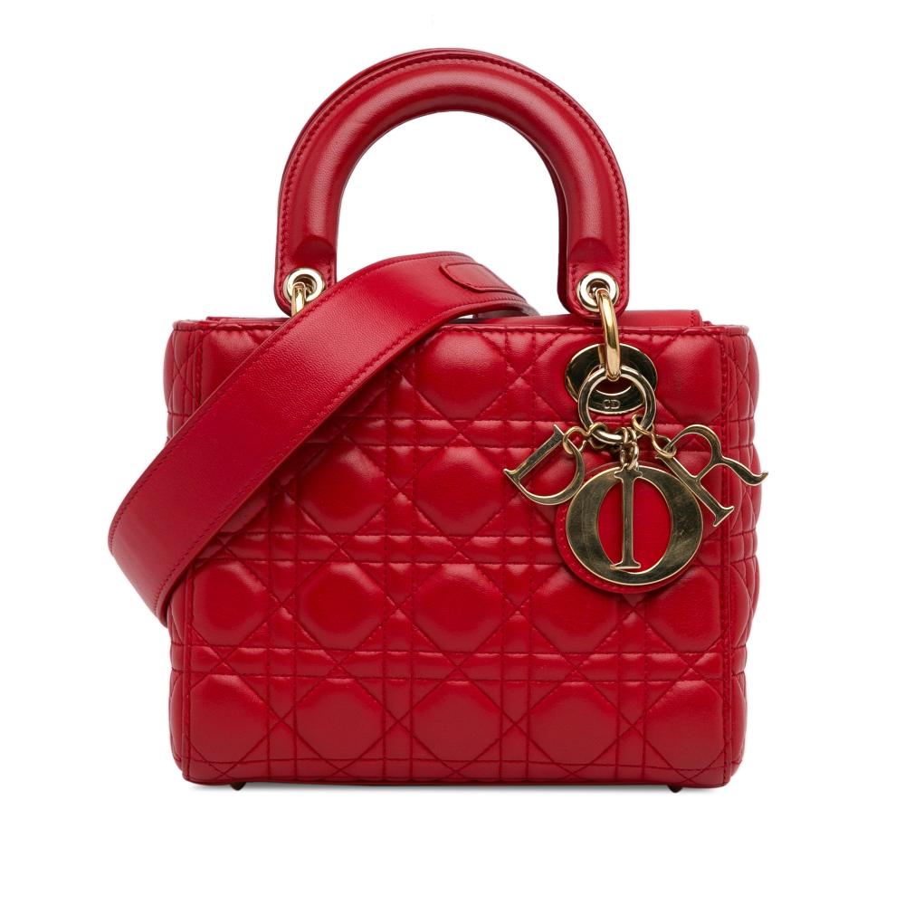 Christian Dior B Dior Red Lambskin Leather Leather Small Lambskin Cannage Lucky Badges My Lady Dior Italy