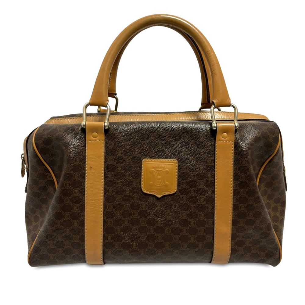 Celine B Celine Brown Coated Canvas Fabric Macadam Boston Bag Italy