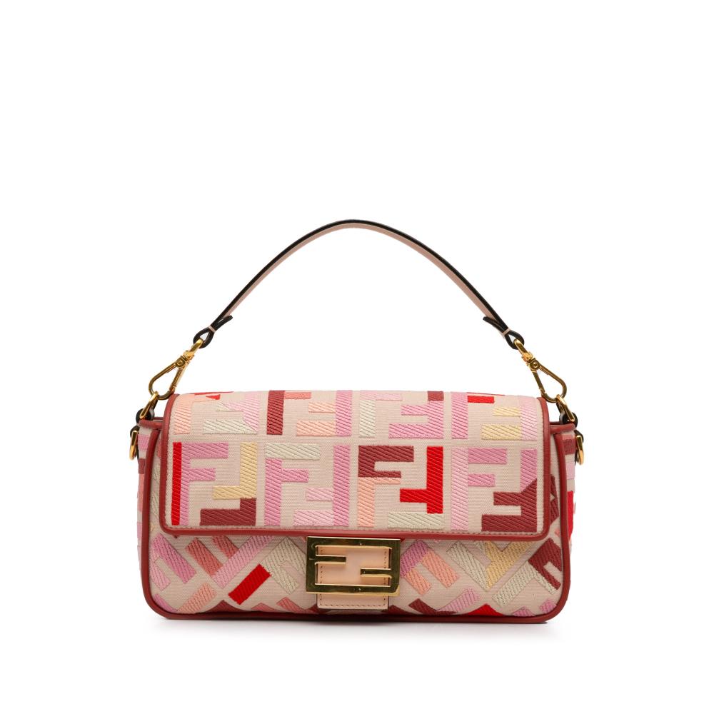 Fendi B Fendi Pink Canvas Fabric Zucca Embroidered Baguette Satchel Italy