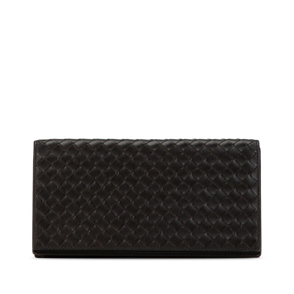 Bottega Veneta B Bottega Veneta Brown Dark Brown Calf Leather Intrecciato Long Wallet Italy