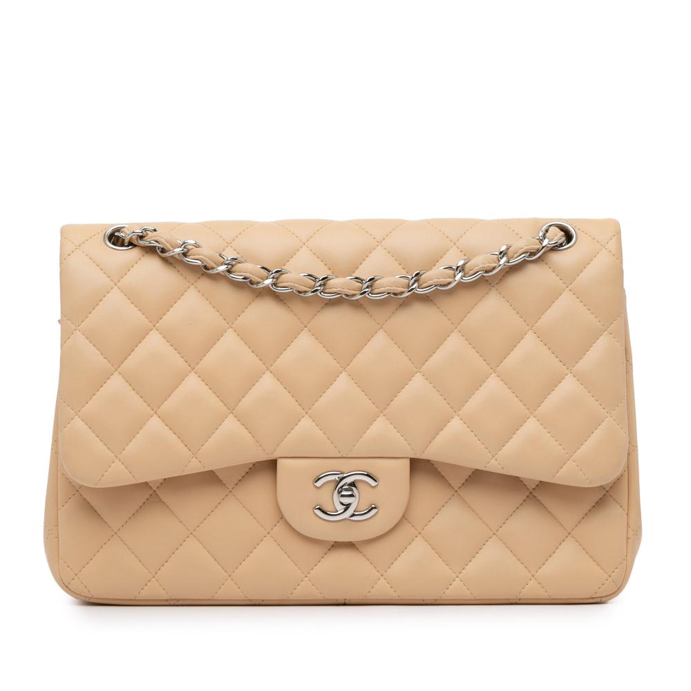 Chanel B Chanel Brown Light Beige Lambskin Leather Leather Jumbo Classic Lambskin Double Flap Italy