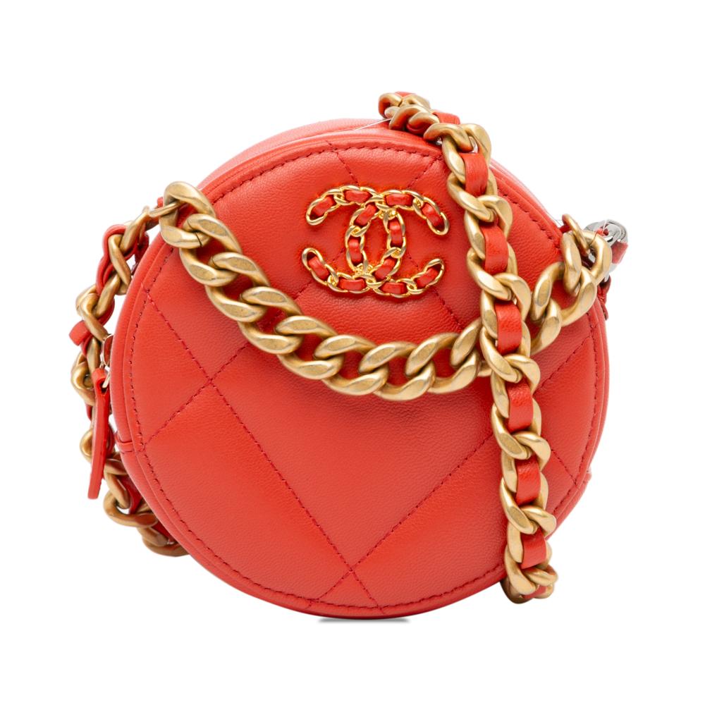 Chanel AB Chanel Orange Dark Orange Lambskin Leather Leather Lambskin 19 Round Clutch with Chain Italy