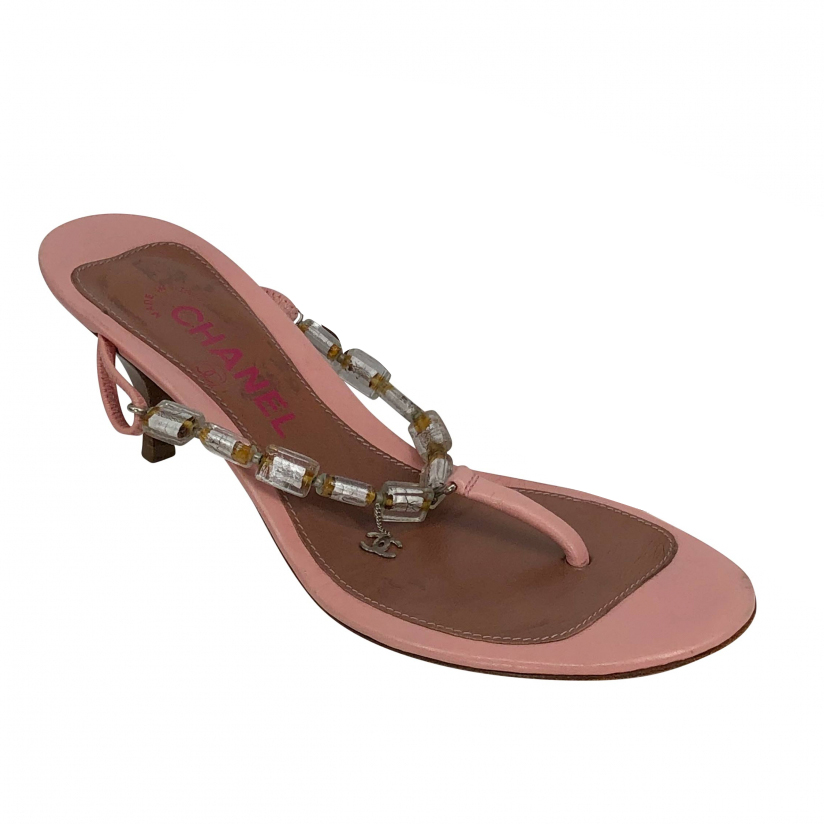 Chanel light pink heeled sandals with glass beads