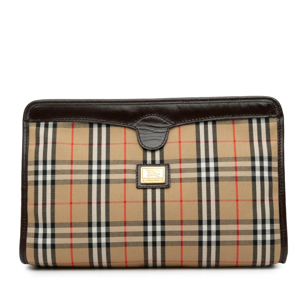 Burberry B Burberry Brown Beige Canvas Fabric Vintage Check Clutch Italy