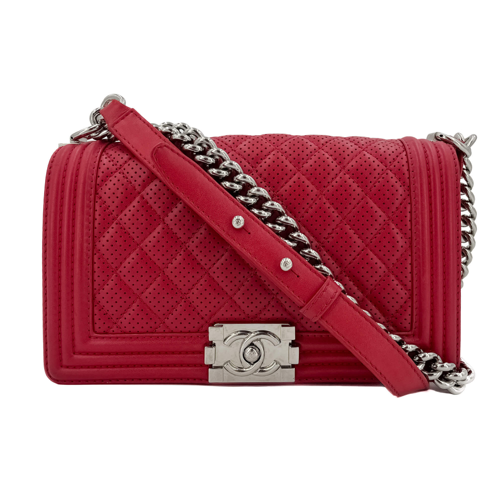 Chanel Boy Medium Perforated Lambskin Leather Flap Bag Raspberry