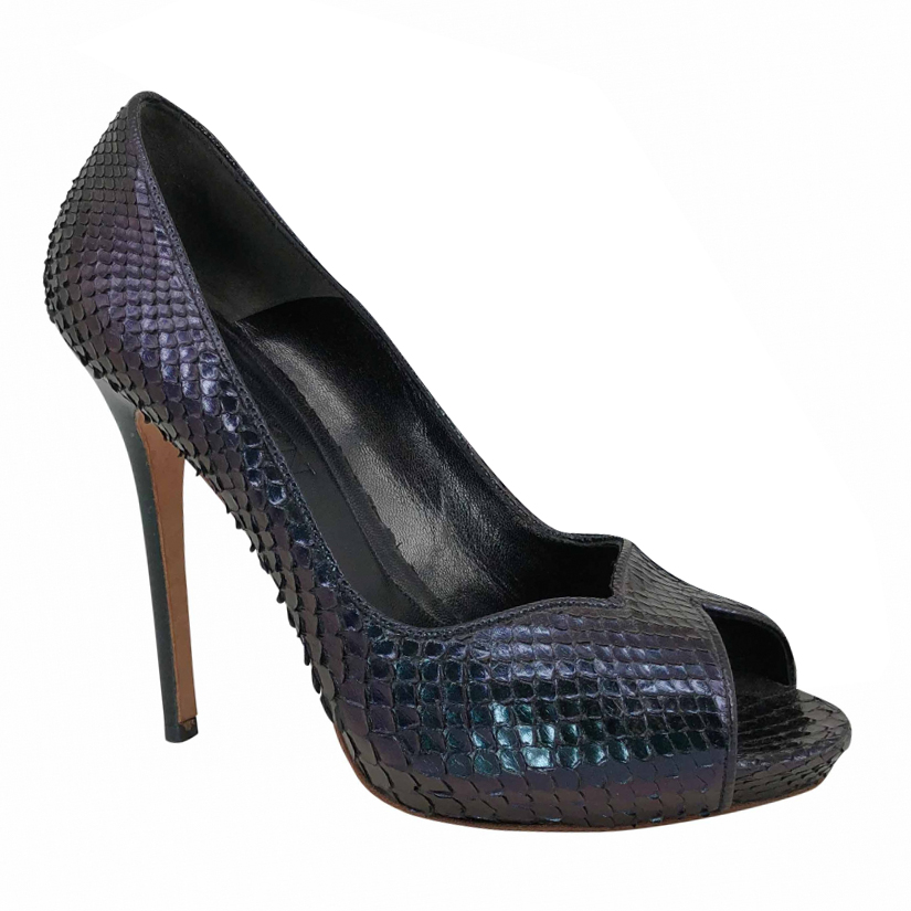 Alexander McQueen platform peeptoe stilettos in metallic blue-green snakeskin