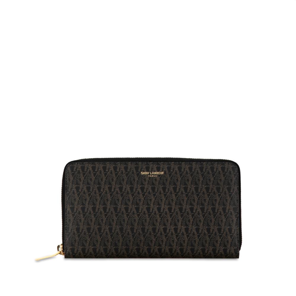 Saint Laurent AB Saint Laurent Black with Brown Coated Canvas Fabric Monogram Zip Around Long Wallet Italy