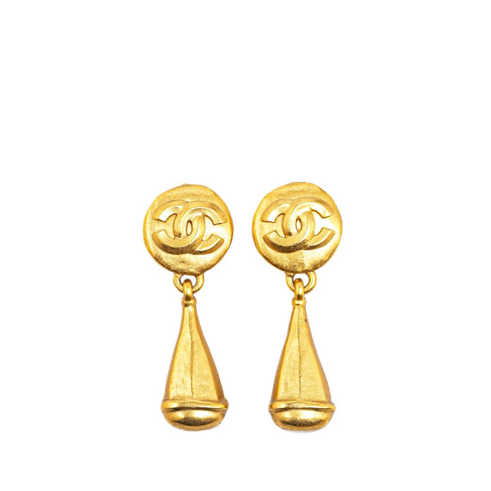 Chanel B Chanel Gold Gold Plated Metal CC Teardrop Clip On Earrings France