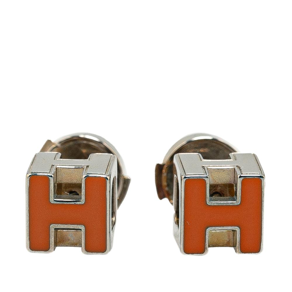 Hermès B Hermès Silver with Orange Platinum Metal Palladium Plated Cage d'H Earrings France