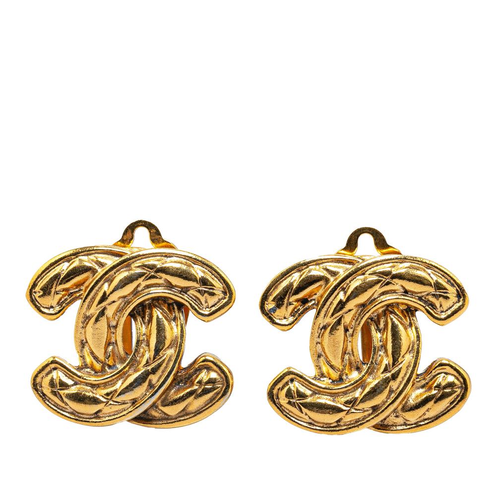 Chanel B Chanel Gold Gold Plated Metal CC Quilted Clip On Earrings France