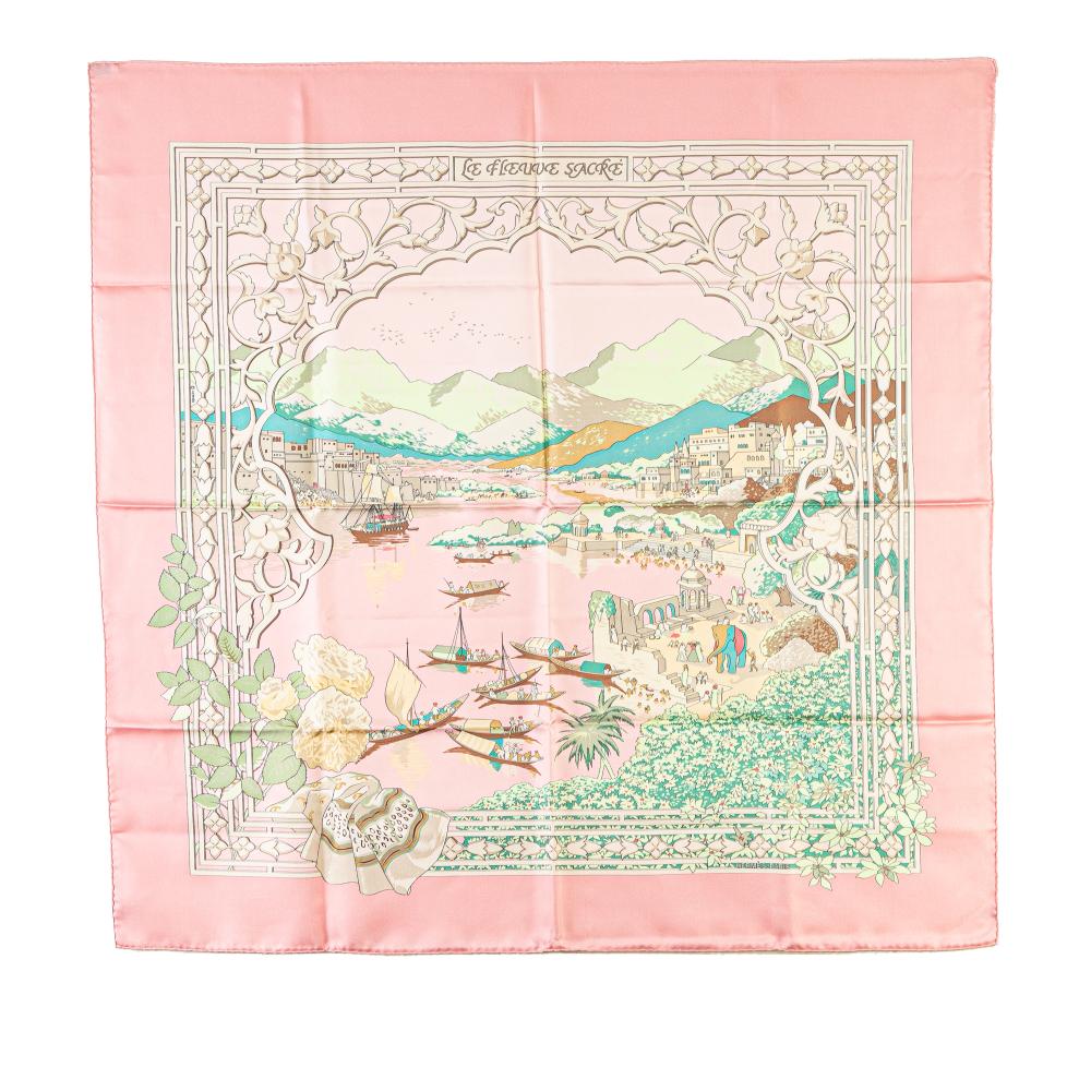 Hermès A Hermès Pink Light Pink with Multi Silk Fabric Le Fleuve Sacre Scarf France