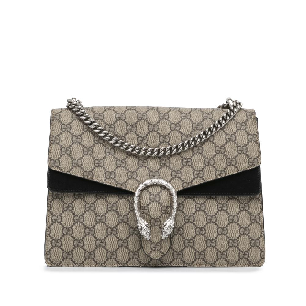 Gucci B Gucci Brown Beige with Black Canvas Fabric Medium GG Supreme Dionysus Shoulder Bag Italy