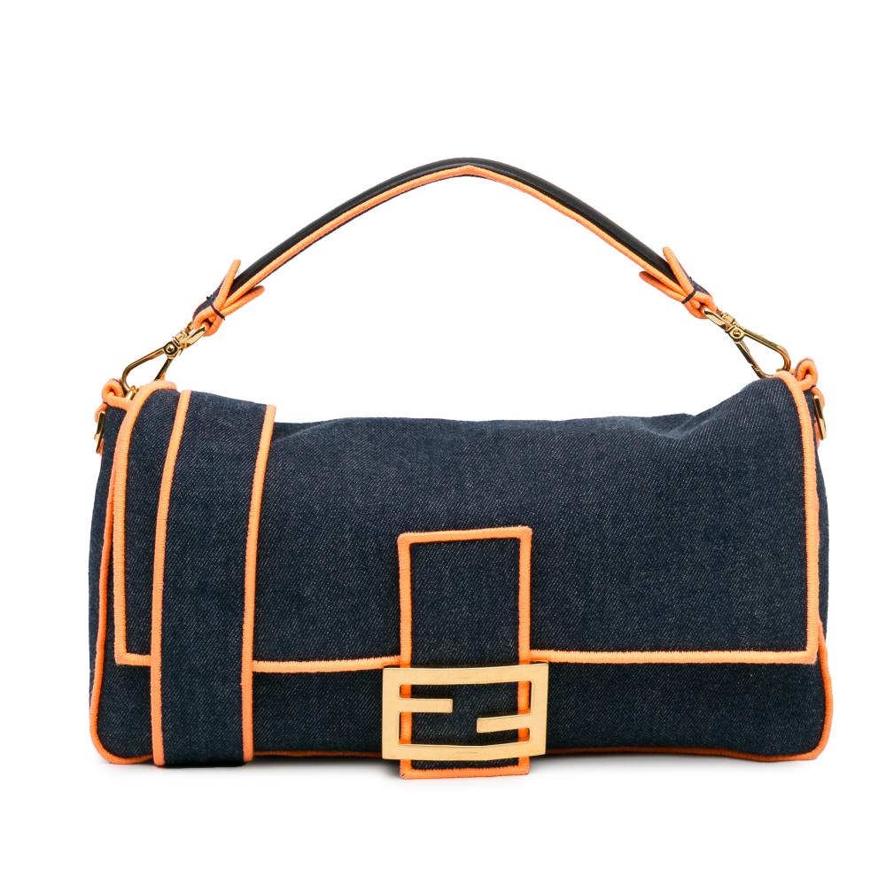 Fendi B Fendi Blue Dark Blue Denim Fabric Large Baguette Satchel Italy