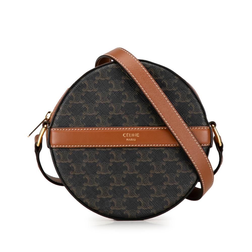 Celine B Celine Brown Coated Canvas Fabric Triomphe Round Purse on Strap Italy