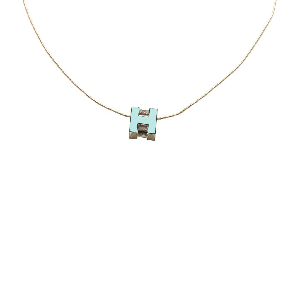 Hermès B Hermès Silver with Blue Light Blue Platinum Metal Cage dH Cube Necklace France