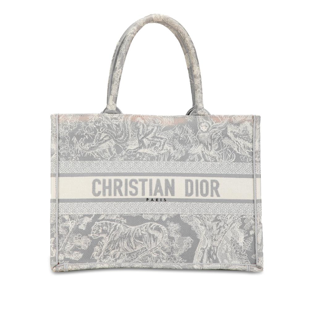 Christian Dior B Dior Gray Light Gray Canvas Fabric Medium Toile de Jouy Book Tote Italy