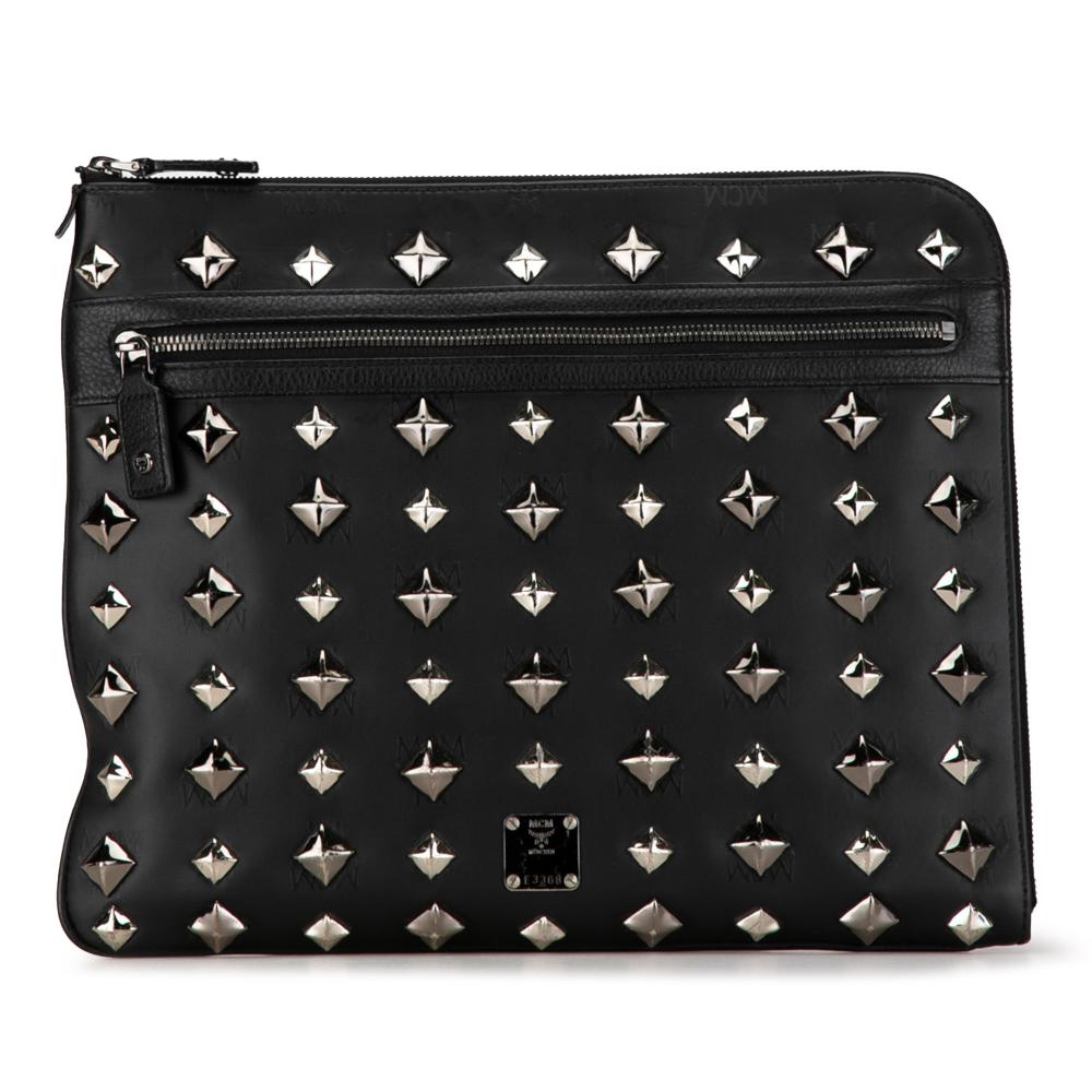 MCM B MCM Black Nylon Fabric Studded Visetos Clutch Korea, South