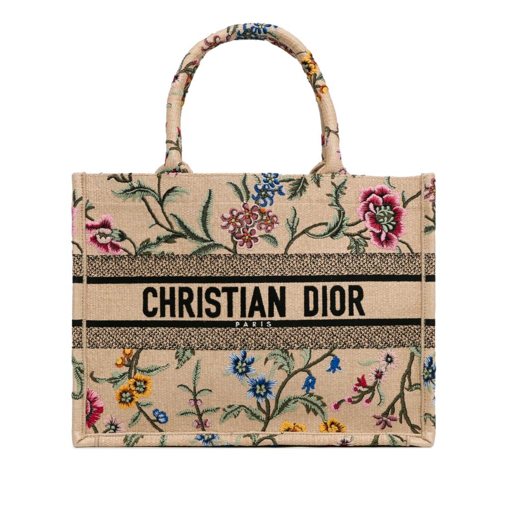 Christian Dior AB Dior Brown Beige Raffia Natural Material Medium Petite Fleurs Book Tote Italy