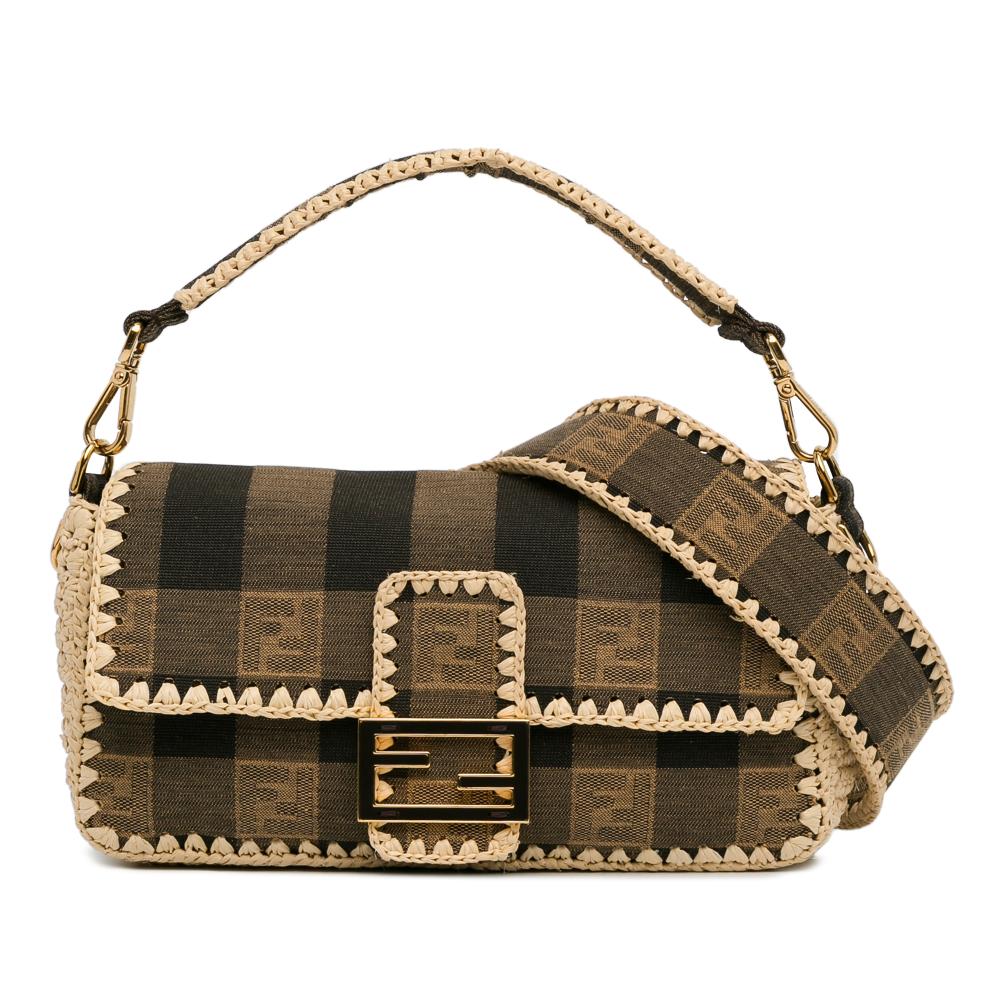 Fendi AB Fendi Brown Canvas Fabric Pequin and Raffia Baguette Satchel Italy