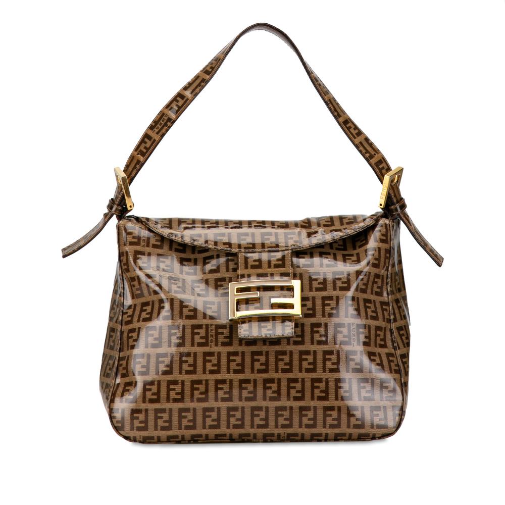 Fendi B Fendi Brown Coated Canvas Fabric Zucchino Crystal Double Flap Mamma Italy