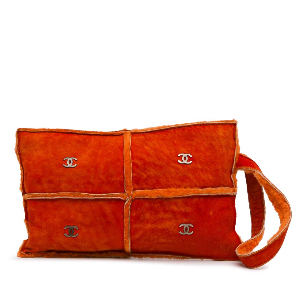 Chanel B Chanel Orange Suede Leather CC Shearling Clutch Italy