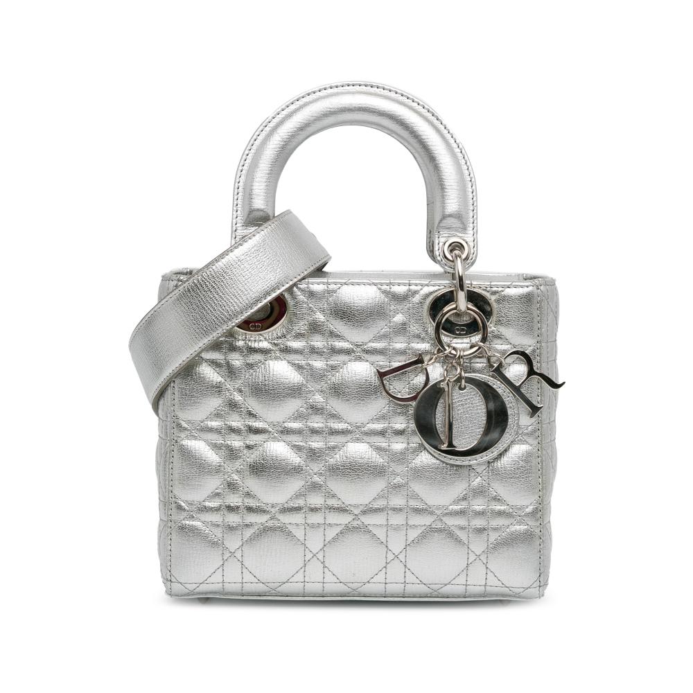 Christian Dior B Dior Silver Lambskin Leather Leather Small Cannage My ABCDior Lady Dior Lucky Badges Italy