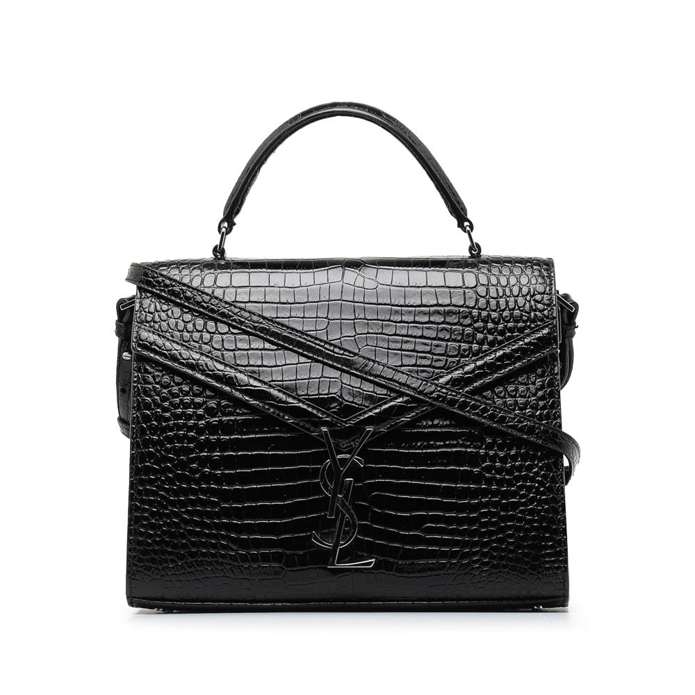 Saint Laurent B Saint Laurent Black Calf Leather Medium Crocodile Embossed Cassandra Top Handle Bag Italy