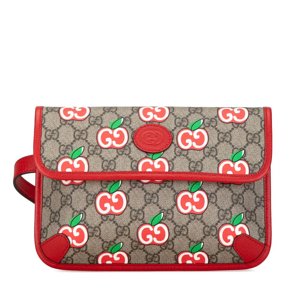 Gucci AB Gucci Brown Beige with Red Coated Canvas Fabric GG Supreme Apple Belt Bag Italy