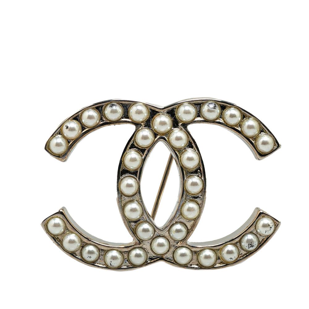 Chanel B Chanel Silver Brass Metal CC Faux Pearl Brooch France