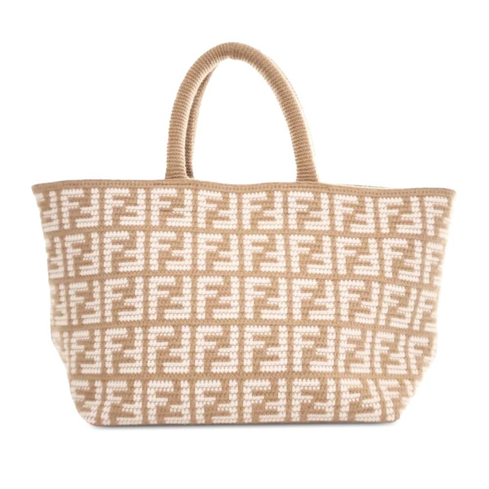 Fendi AB Fendi Brown Beige with White Knit Fabric Large Zucca Cashmere Shopper Tote Italy