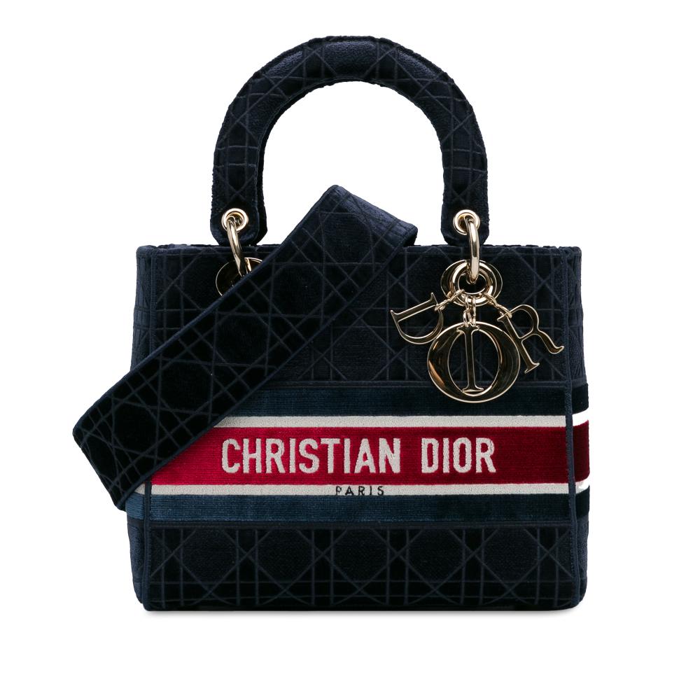 Christian Dior AB Dior Blue Navy Velvet Fabric Medium Cannage Lady D-Lite Italy