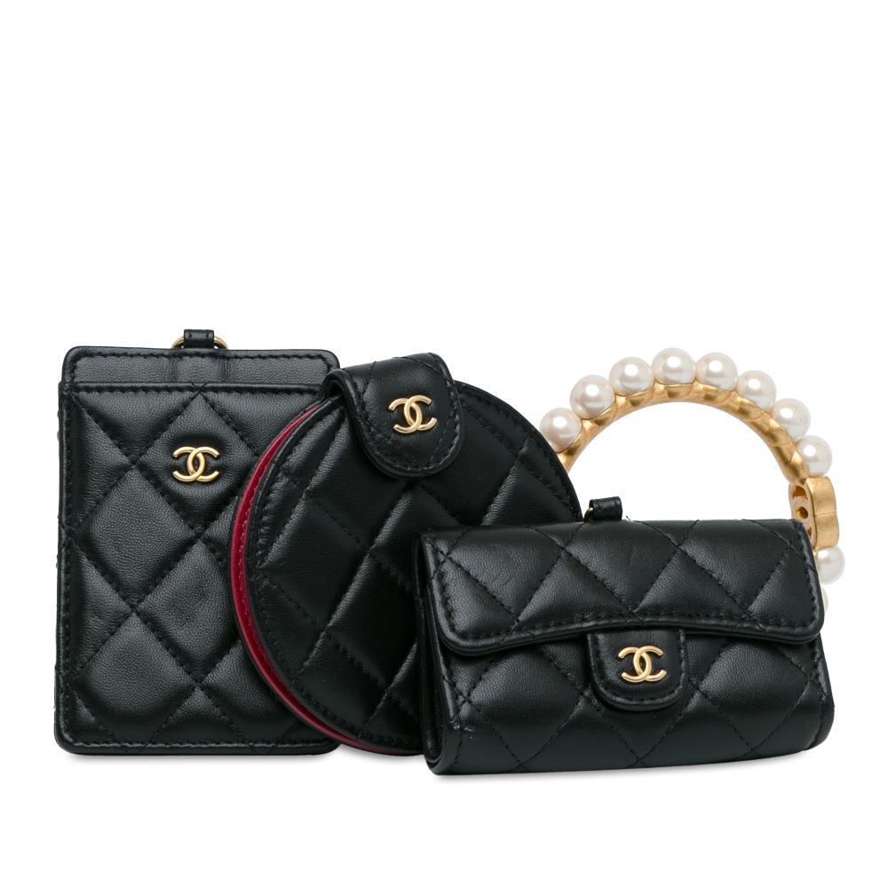 Chanel AB Chanel Black Lambskin Leather Leather Lambskin Pearl Crown CC Wristlet Multi Pouches Italy