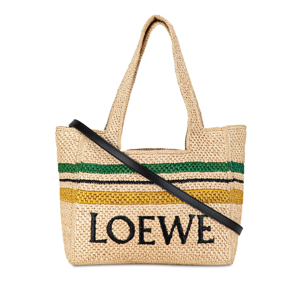 Loewe AB LOEWE Brown Light Beige Raffia Natural Material Paula's Ibiza Medium Striped Font Tote Madagascar