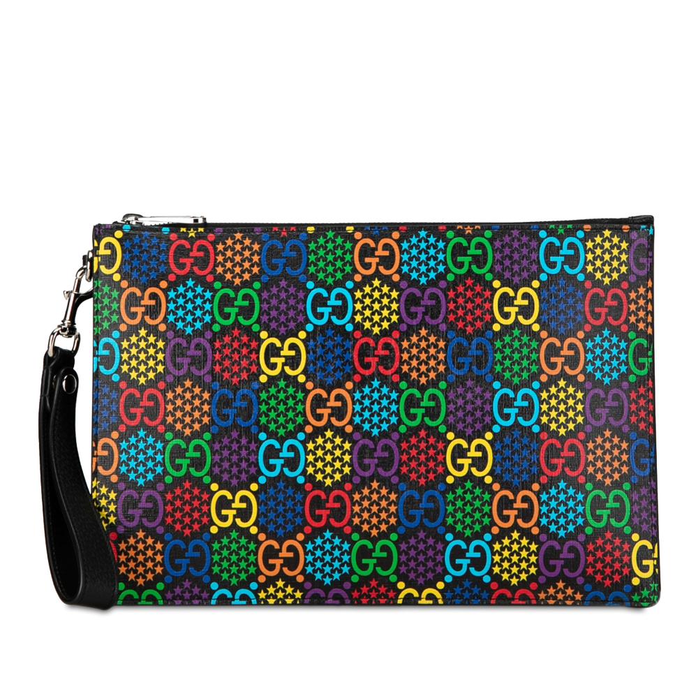 Gucci AB Gucci Black with Multi Coated Canvas Fabric GG Supreme Psychedelic Zip Clutch Italy