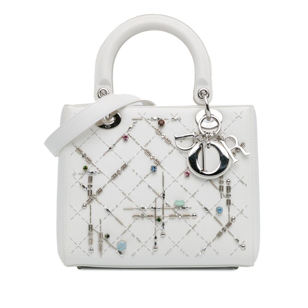 Christian Dior AB Dior White Calf Leather Medium skin Beads And Rhinestone Embellished Lady Dior Italy