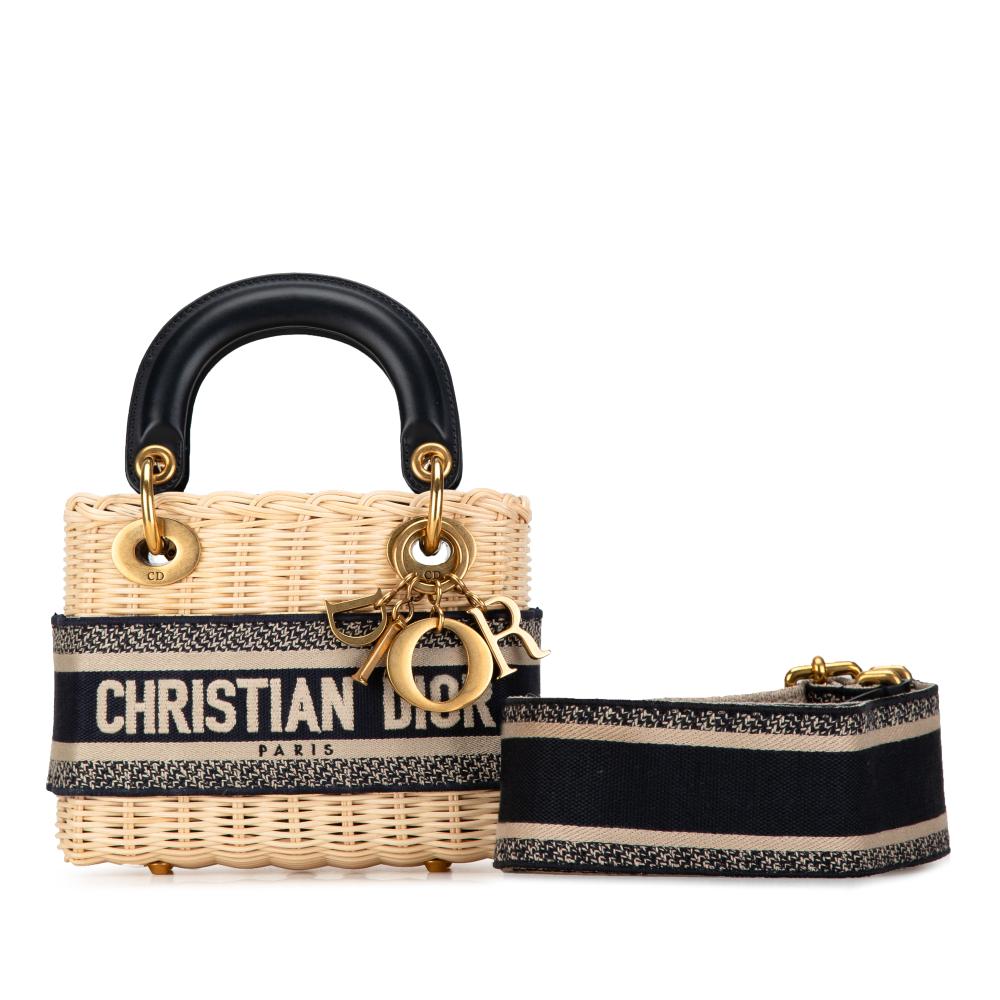 Christian Dior AB Dior Brown Beige with Blue Navy Rattan Natural Material Mini Oblique Wicker Lady Dior Italy