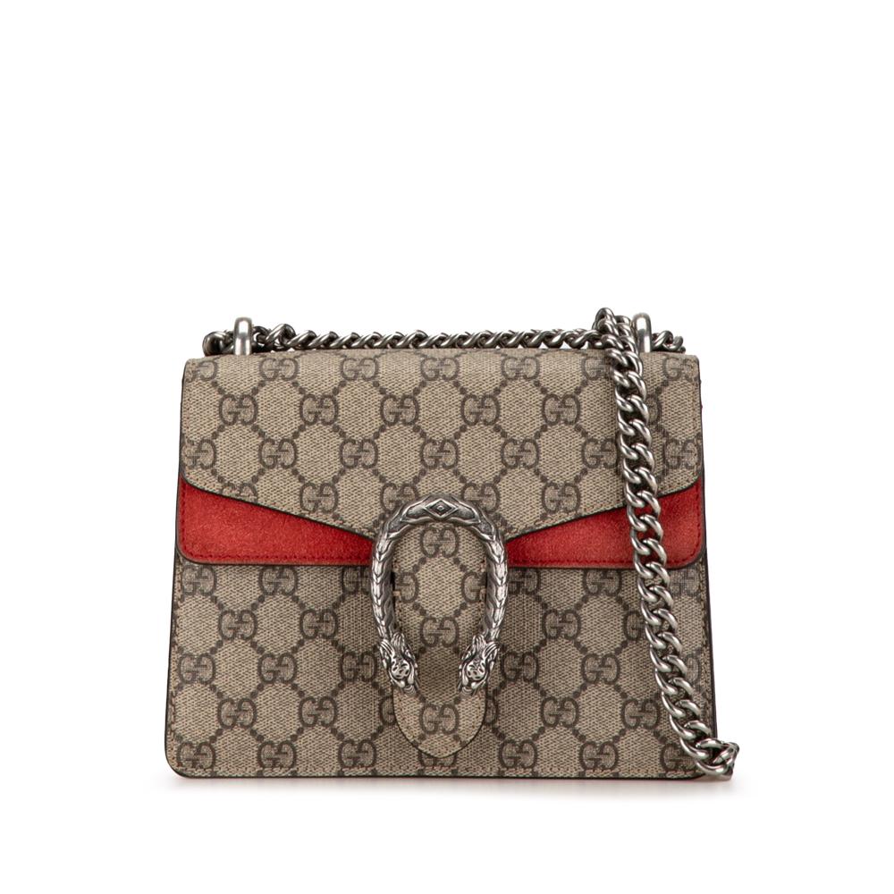 Gucci B Gucci Brown Beige with Red Coated Canvas Fabric Mini GG Supreme Dionysus Crossbody Bag Italy