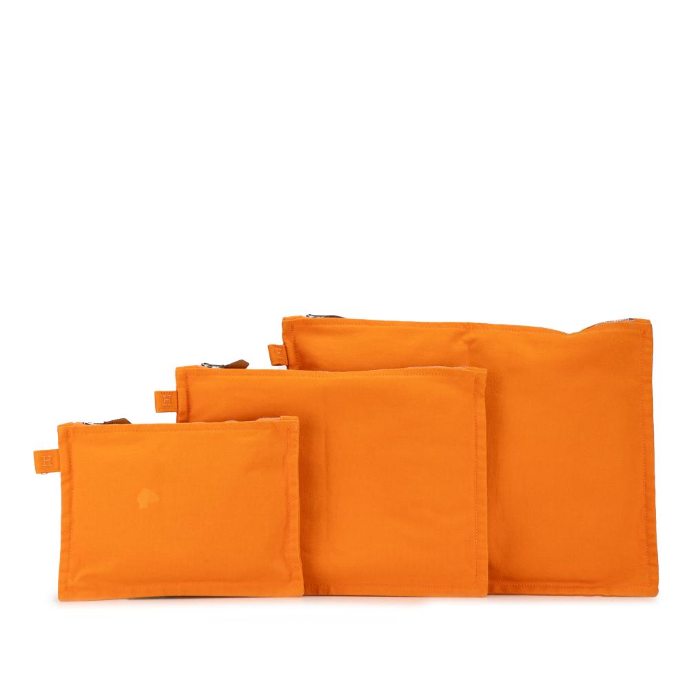 Hermès B Hermès Orange Cotton Fabric Bora Bora Pouch 3 Piece Set France