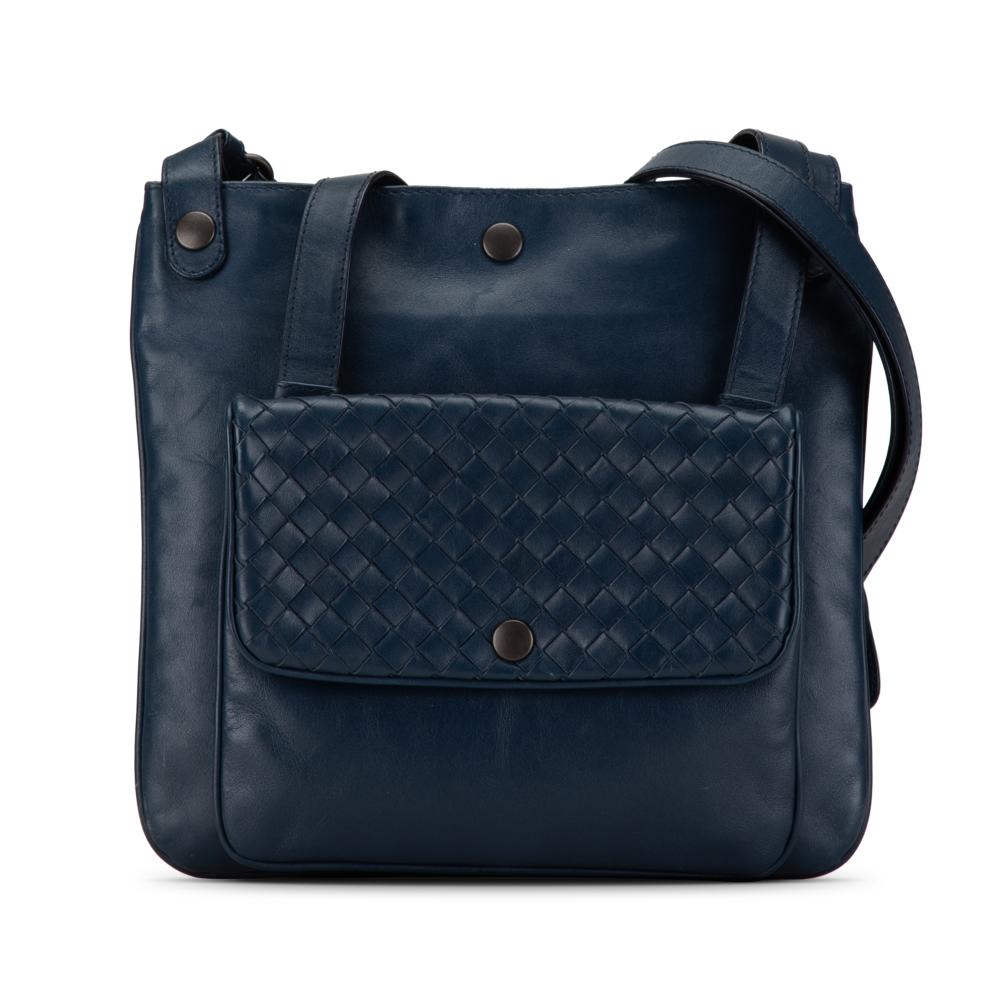 Bottega Veneta B Bottega Veneta Blue Calf Leather Intrecciato Crossbody Italy