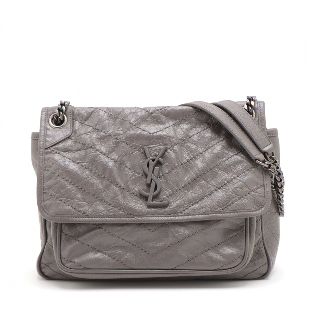 Saint Laurent Niki Medium Chevron Quilted Vintage calf Leather 2-Ways Flap Bag Grey