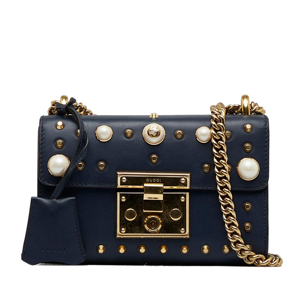 Gucci AB Gucci Blue Dark Blue Calf Leather Small Pearl Studded Padlock Crossbody Italy