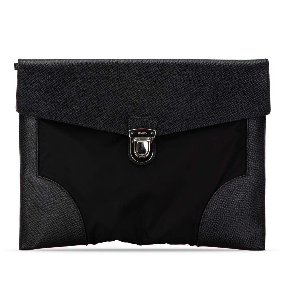 Prada B Prada Black Nylon Fabric Saffiano Trimmed Tessuto Clutch Italy