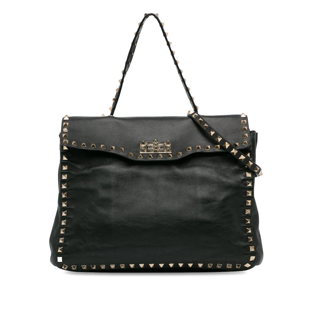 Valentino B Valentino Black Calf Leather Rockstud Flap Satchel Italy